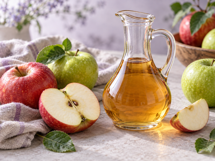 Apples and a glass carafe of apple cider vinegar