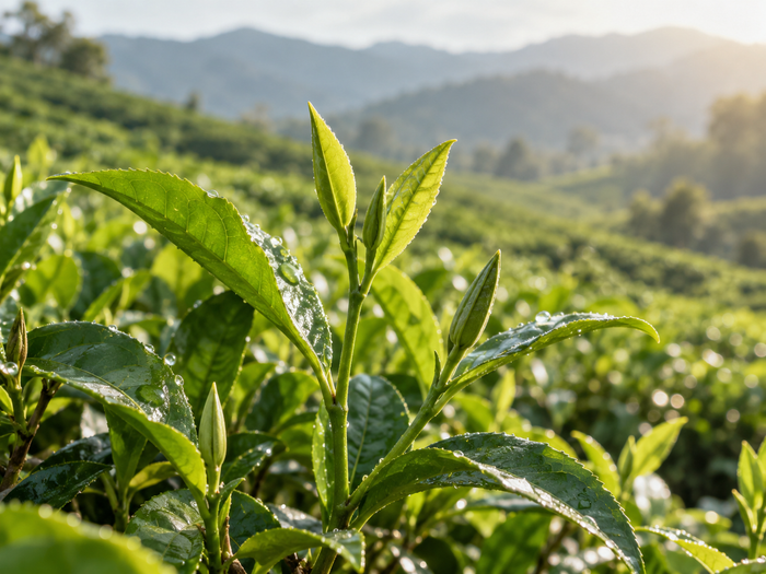 Fresh green tea leaves in natural sunlight