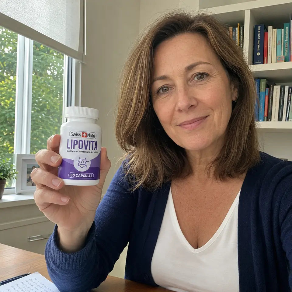 A woman holding the Lipovita bottle with its label facing forward