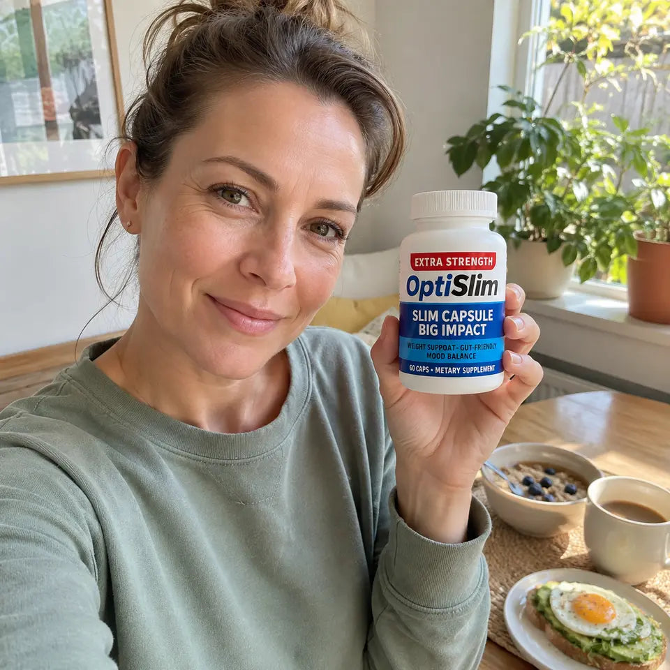 A woman holding the OptiSlim bottle with its label facing forward