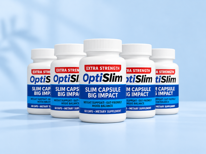 OptiSlim bottles on a soft blue background