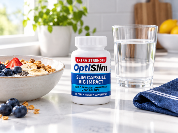 OptiSlim beside water and a balanced breakfast